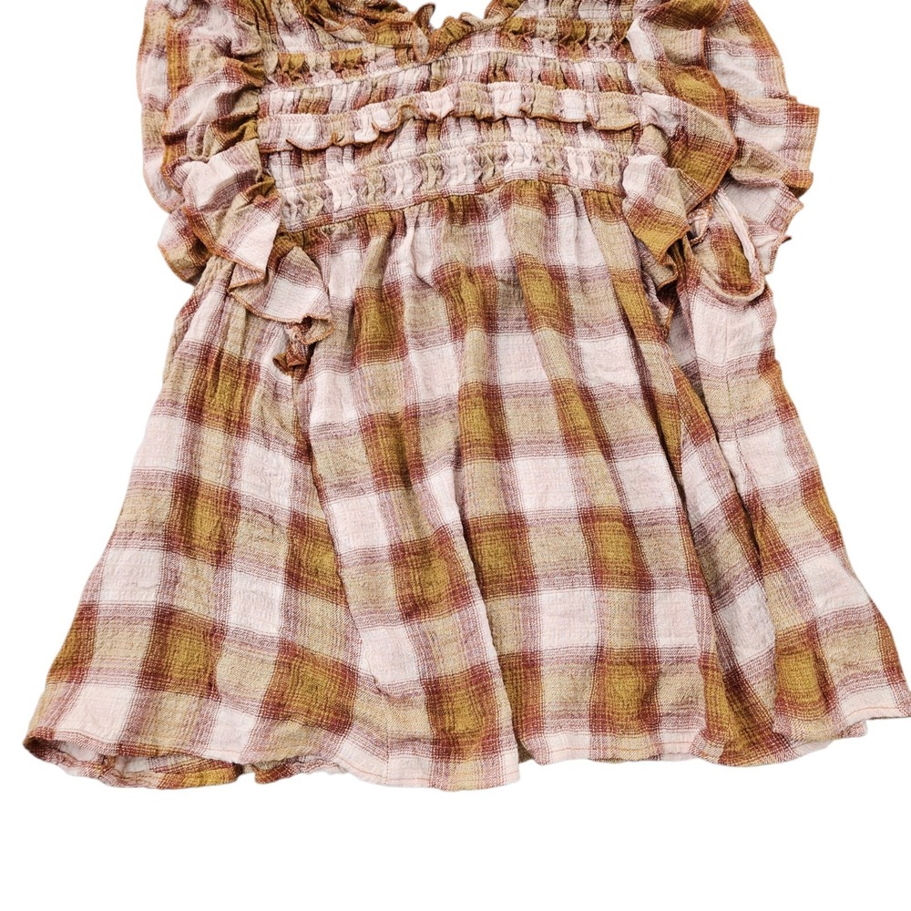 Free People Blush Plaid Smocked Ruffle Top Sz S NWT Boho Cottagecore - Picture 5 of 11